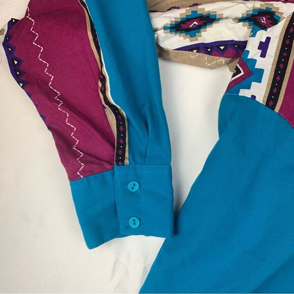 Steer West Mens XL vintage Button Down Shirt in Blue Red Geometric Patterns - Picture 5 of 9